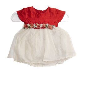 Baby Size 12M Red & White Dress With Floral Waist & Bow Back